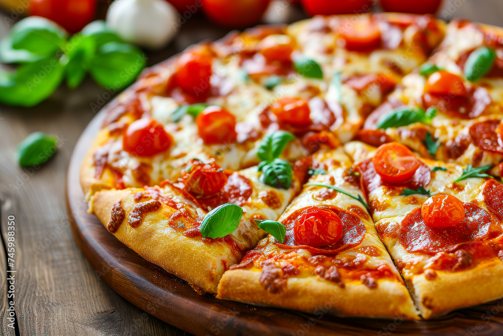 Delicious Pizza on Wooden Cutting Board Delicious Pizza on Wooden Cutting Board