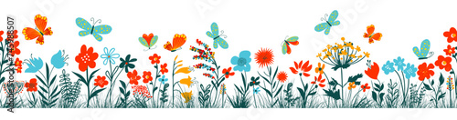 Horizontal grass headers seamless pattern. Cute simple flowers and butterflies in the grass. hand drawing. Not AI, Vector illustration.
