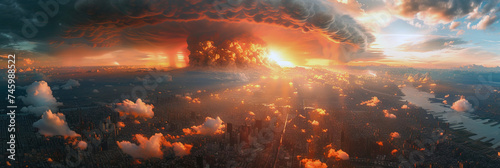 A nuclear explosion in the center of the big city. Concept of third world war. Apocalypse now banner