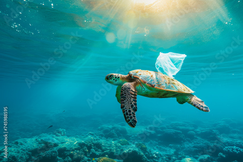 Turtle Swimming With Plastic Bag