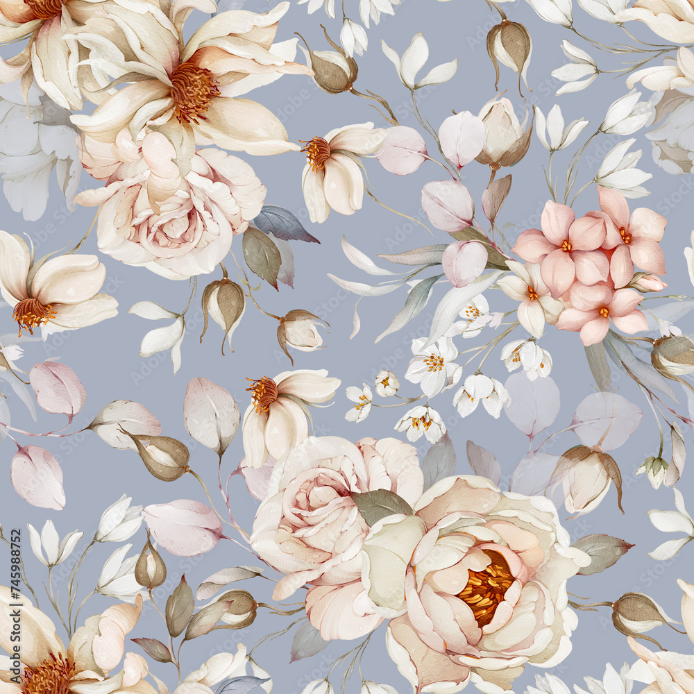 Seamless pattern with bouquets of flowers. Spring roses in watercolor style