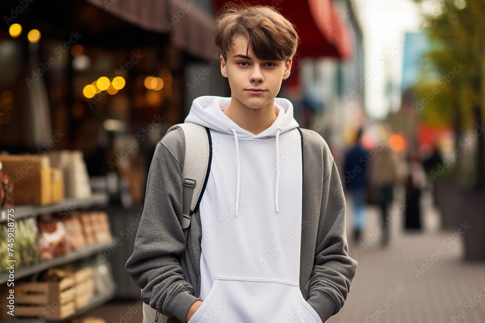 Portrait made with generative AI of smiling person standing outdoors against market background Portrait made with generative AI of smiling person standing outdoors against market background