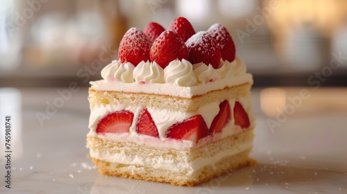 A close up of a piece of cake with strawberries on top  AI