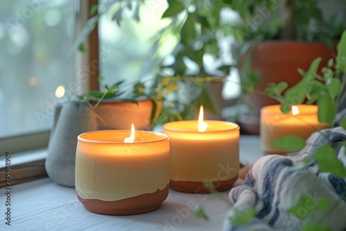 Eco-friendly beeswax container candles burning in ceramic holders on a textured surface