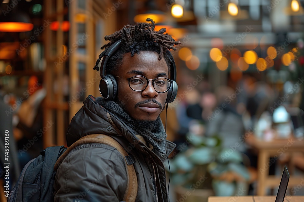Engrossed in Digital Realm Young Man with Wireless Headphones Immersed in Work on Laptop at a Vibrant Cafe. Engrossed in Digital Realm Young Man with Wireless Headphones Immersed in Work on Laptop at a Vibrant Cafe.