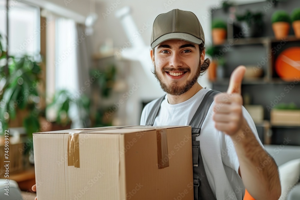 Embracing Change A Young, Smiling Moving Service Employee in Overalls, Positively Standing in a New House’s Modern Living Room, Holding a Cardboard Box and Showing a Thumbs-Up Sign Embracing Change A Young, Smiling Moving Service Employee in Overalls, Positively Standing in a New House’s Modern Living Room, Holding a Cardboard Box and Showing a Thumbs-Up Sign