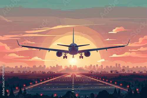 Airplane coming in for landing on runway flat design
