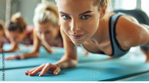 A group of women doing push ups on yoga mats, AI