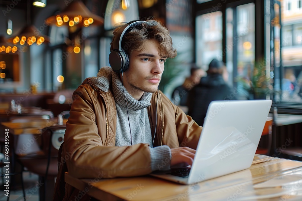 Engrossed in Digital Realm Young Man with Wireless Headphones Immersed in Work on Laptop at a Vibrant Cafe. Engrossed in Digital Realm Young Man with Wireless Headphones Immersed in Work on Laptop at a Vibrant Cafe.