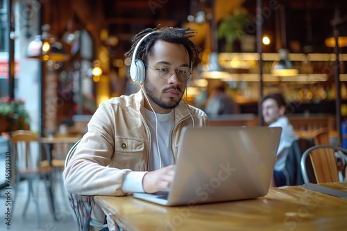 Engrossed in Digital Realm Young Man with Wireless Headphones Immersed in Work on Laptop at a Vibrant Cafe.