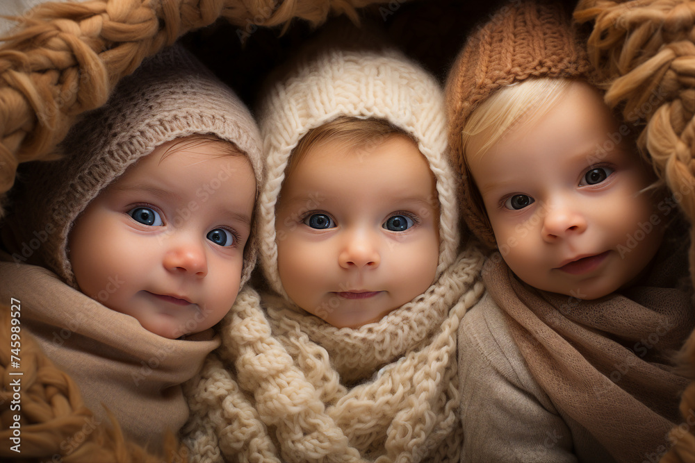 Generative AI portrait of little sweet infant newborn babies lying together Generative AI portrait of little sweet infant newborn babies lying together