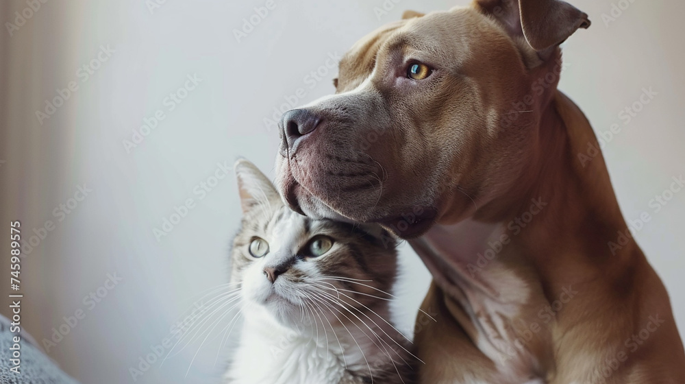 Cachorro e  gato juntos, fundo branco
