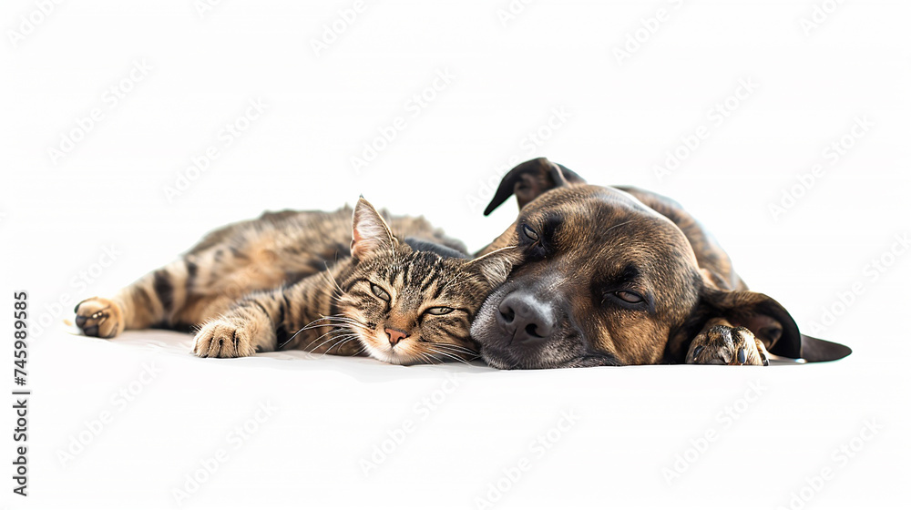Cachorro e  gato juntos, fundo branco
 - obrazy, fototapety, plakaty 