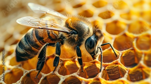 A bee is sitting on a cell of honeycomb with its legs spread, AI © Alexandr