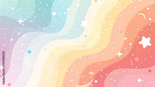 Soft pastel rainbow wavy background decorated with dots and stars scattered throughout.