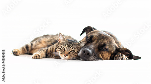 Cachorro e  gato juntos, fundo branco
 photo