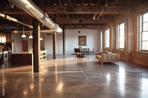 Industrial chic loft interior with exposed ductwork, polished concrete floors.