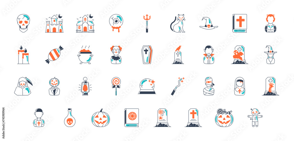 Halloween icon. include monster such as angle of death, dracula, mask of murderer, bat and cute ghost, abandoned house, owl, candle, black cat, candy, wolf, skull vector illsutration Halloween icon. include monster such as angle of death, dracula, mask of murderer, bat and cute ghost, abandoned house, owl, candle, black cat, candy, wolf, skull vector illsutration
