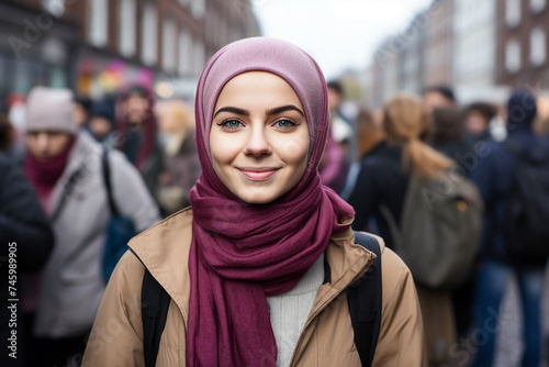 Digital generative ai image collage of islamic woman fight for lgbt rights on gay parade