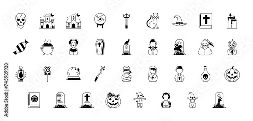 Halloween icon. include monster such as angle of death, dracula, mask of murderer, bat and cute ghost, abandoned house, owl, candle, black cat, candy, wolf, skull vector illsutration