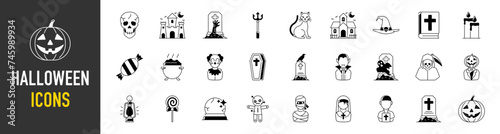 Halloween icon. include monster such as angle of death, dracula, mask of murderer, bat and cute ghost, abandoned house, owl, candle, black cat, candy, wolf, skull vector illsutration