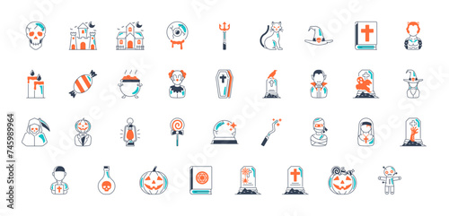 Halloween icon. include monster such as angle of death, dracula, mask of murderer, bat and cute ghost, abandoned house, owl, candle, black cat, candy, wolf, skull vector illsutration