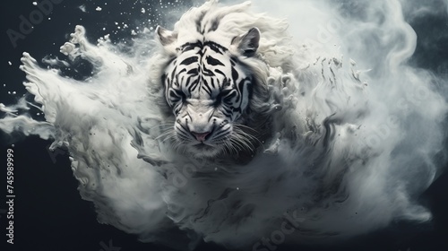Majestic White Tiger in Black and White Smoke. Generative AI