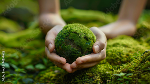 Close-up of hands holding green earth. The concept of sustainable development of ecology and environment. World Earth Day.