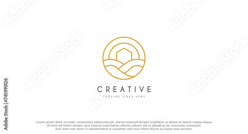 House, Home with wave for resort villa on beach logo design vector illustration.