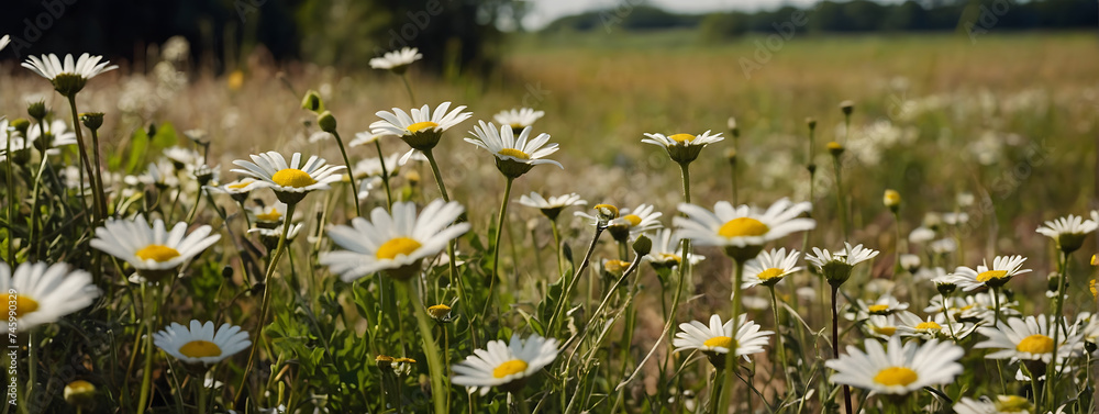 Sunny field with daisies and other assorted wild blooms. 
