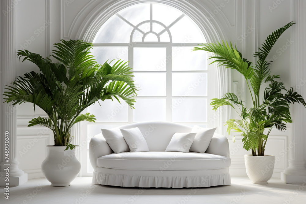 the interior of the white room contains a sofa and a palm tree