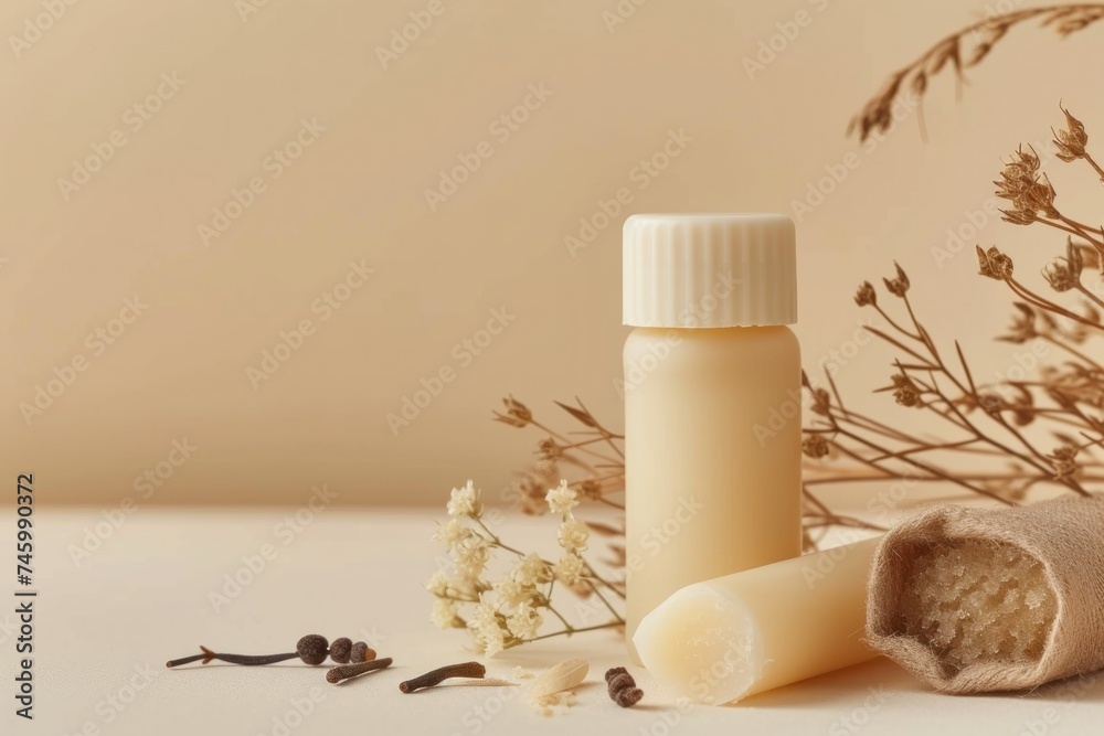 A minimalist composition featuring natural deodorant sticks with shea butter, accompanied by dry herbs and a burlap fabric, set against a neutral background. A minimalist composition featuring natural deodorant sticks with shea butter, accompanied by dry herbs and a burlap fabric, set against a neutral background.