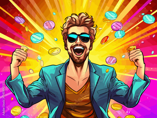 handsome happy man won jackpot in casino, around coins, modern pop art style, cartoon vector