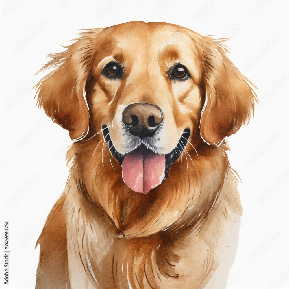 Watercolor illustration of pure breed Golden Retriever dog. Colorful painting of domestic animal.