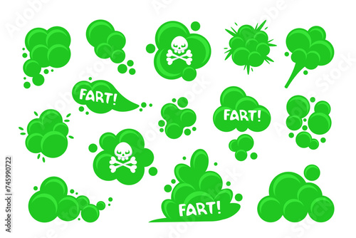 Smelling green smoke or fart. Funny flatulence symbol. Bad stink or toxic aroma. Vector illustration
