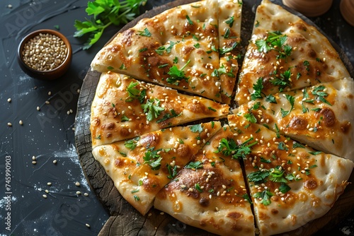 Fototapeta Naklejka Na Ścianę i Meble -  Lebanese Cuisine: Top View of Sfiha on a Black Background. Concept Lebanese Cuisine, Sfiha, Top View, Black Background