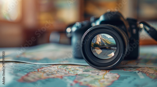 A camera lens on a map with mountains in the background, AI photo