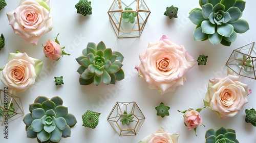 A chic and modern display of succulents and geometric gold terrariums, interspersed with blush pink rose buds arranged on a crisp white surface. 