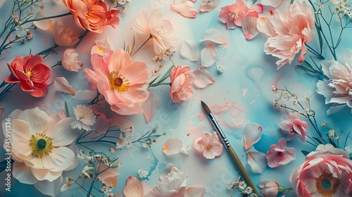 A whimsical setup of watercolor-painted floral designs and calligraphy brushes strewn across a pastel paper background. 