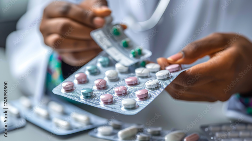 Close-up of pharmacist's hands holding medicines or capsules. Medicine concept. Pharmaceuticals.