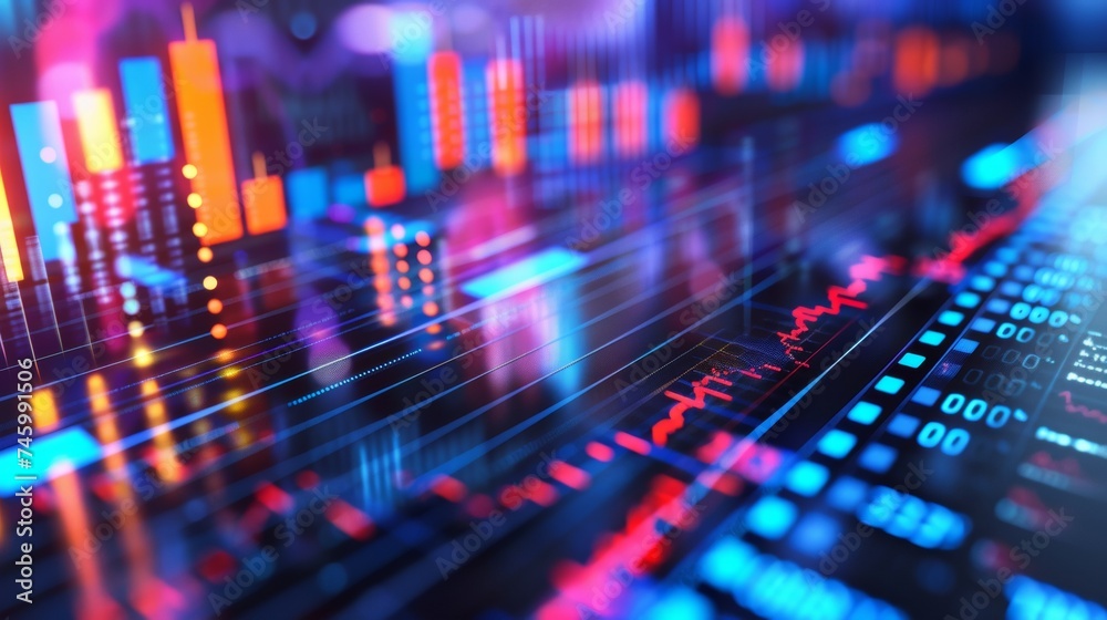 A close up of a stock market graph with colorful lights, AI