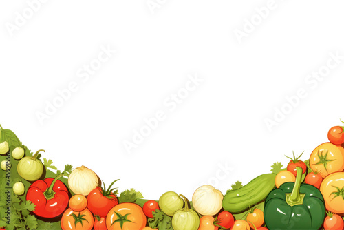 Isolated Assortment of vegetables, including red tomatoes, green bell pepper, onions and herbs on transparent background, symbolizing healthy eating, vegan diet, and body detoxification. Copy space