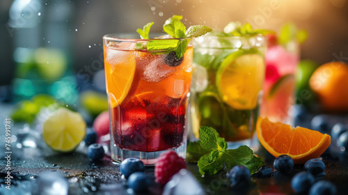 refreshment fruit cocktails with vibrant garnishes  set against a backdrop of lush tropical foliage and scattered ice cubes.