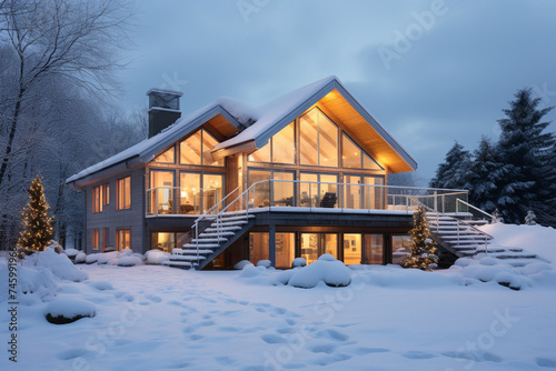 a house, a house in winter, a modern exterior of a luxury cottage covered in thick snow
