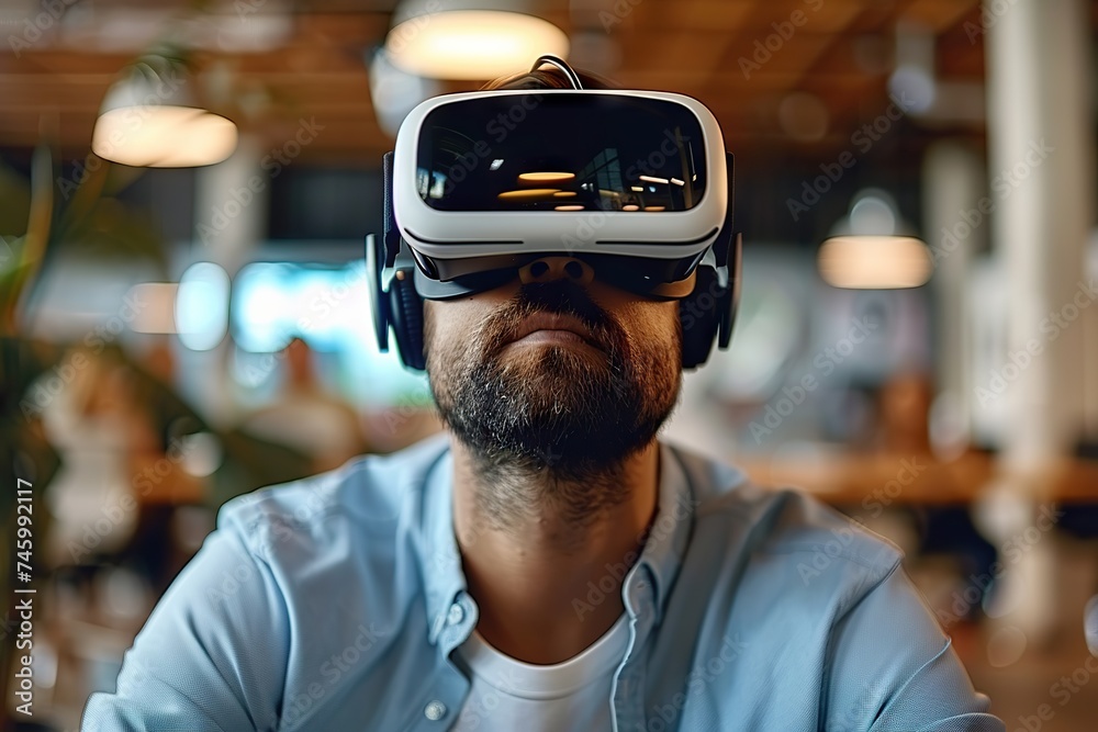 Embracing the Metaverse Young Businessman Engages in Virtual Meeting Using VR Glasses in a Dynamic Start-Up Office. Embracing the Metaverse Young Businessman Engages in Virtual Meeting Using VR Glasses in a Dynamic Start-Up Office.