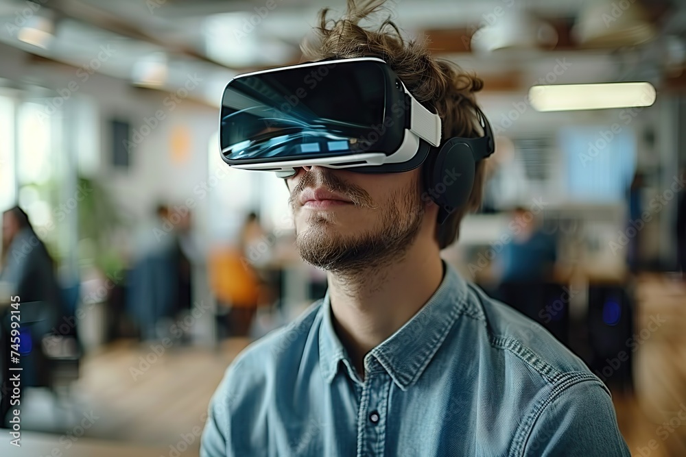 Embracing the Metaverse Young Businessman Engages in Virtual Meeting Using VR Glasses in a Dynamic Start-Up Office. Embracing the Metaverse Young Businessman Engages in Virtual Meeting Using VR Glasses in a Dynamic Start-Up Office.
