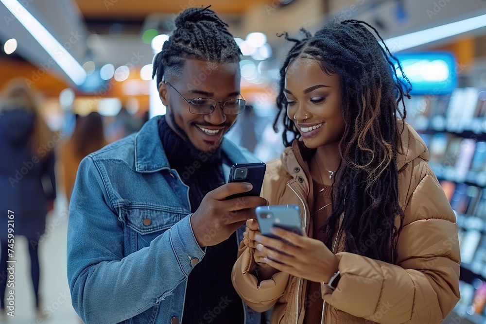 Digital Delight A Happy Couple Immersed in the Excitement of Purchasing a New Smartphone in a Modern Retail Store. Digital Delight A Happy Couple Immersed in the Excitement of Purchasing a New Smartphone in a Modern Retail Store.