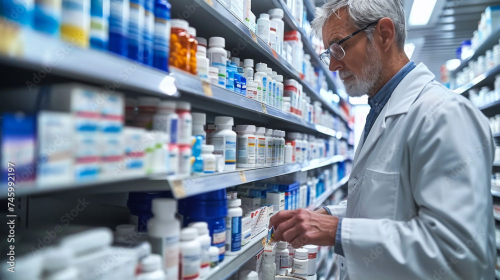 An experienced pharmacist working in a pharmacy selects pills for customers near the shelves with medicines. Medicine concept, pharmaceuticals.