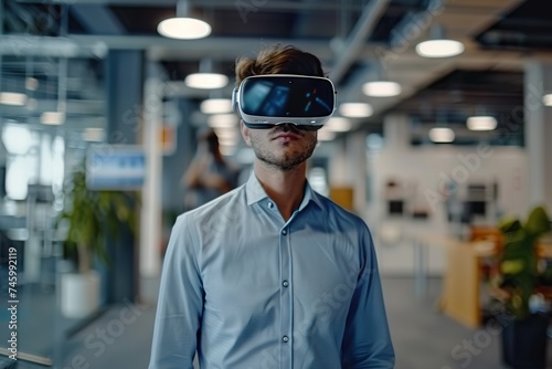 Embracing the Metaverse Young Businessman Engages in Virtual Meeting Using VR Glasses in a Dynamic Start-Up Office.