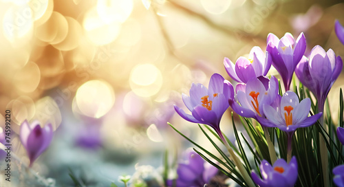 Bright spring crocus flowers with shiny drops of dew on light background with bokeh and highlights. Template for spring card, copy space, banner